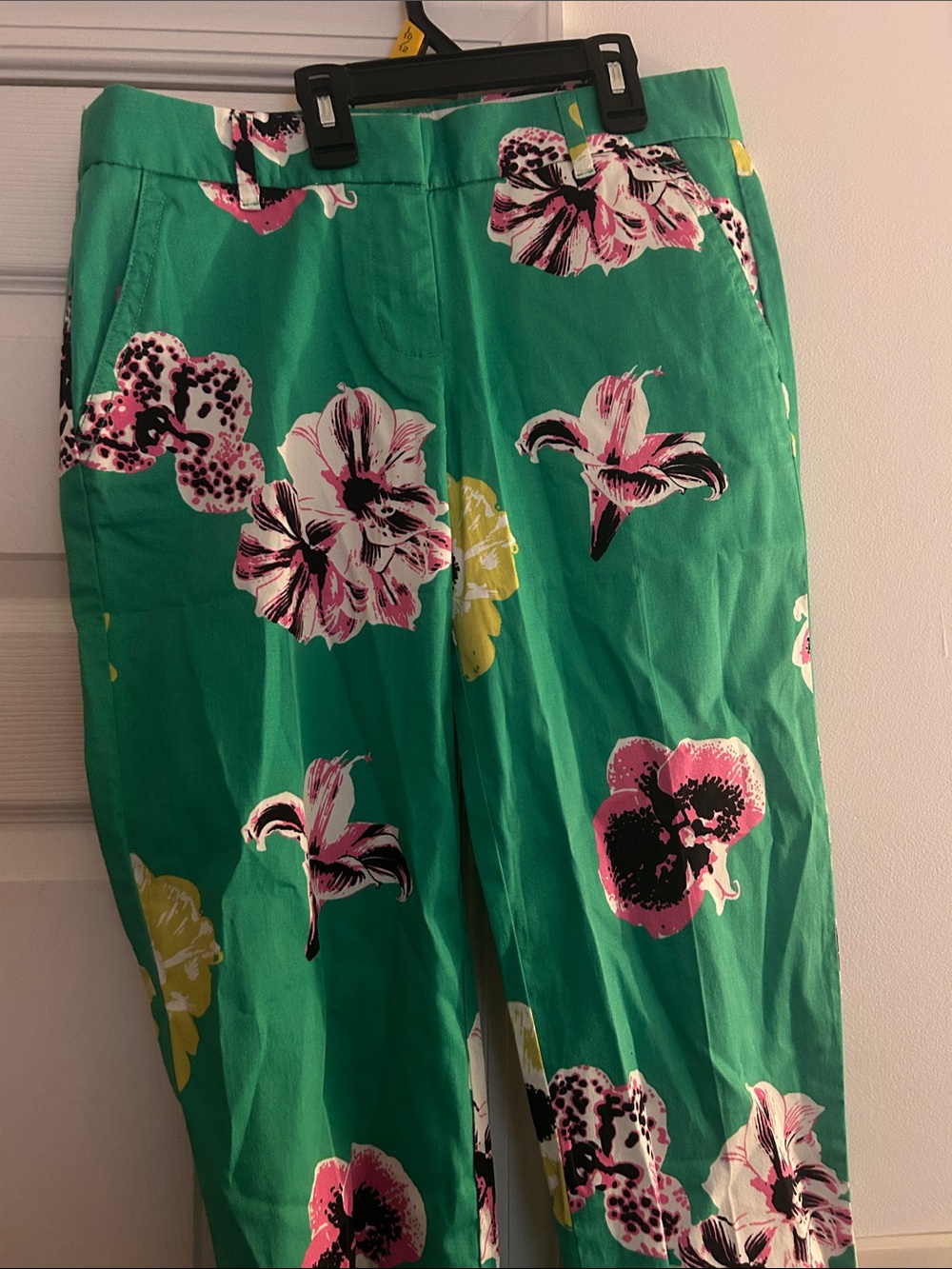 Green Floral Print Pants - Pink, Yellow & White Flowers